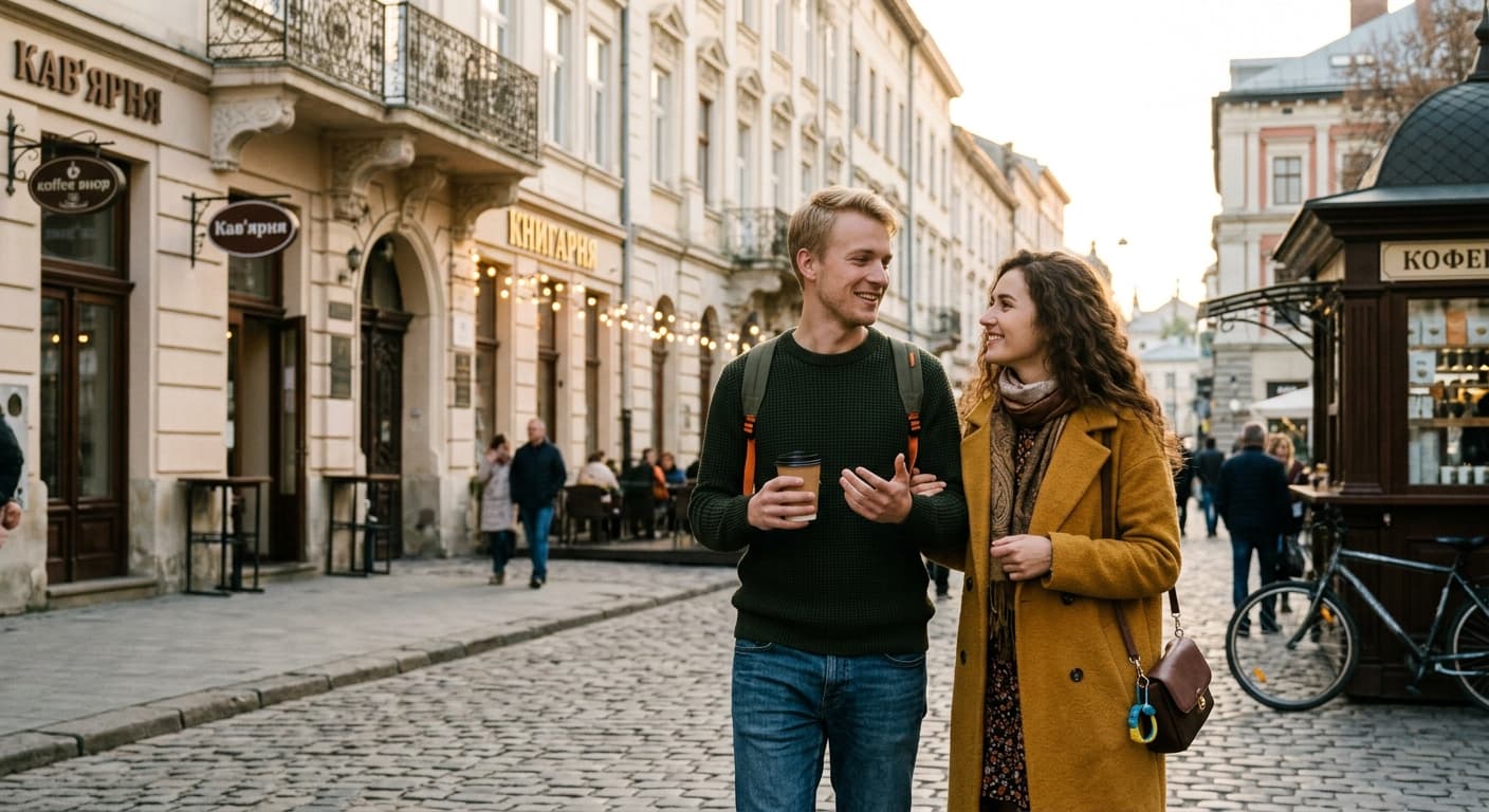 Een Nederlandse man en een Oekraïense vrouw wandelen samen pratend door een sfeervolle Europese stadstraat.