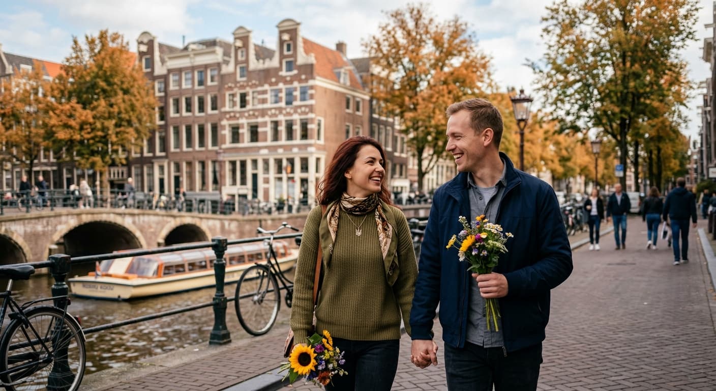 Een glimlachende Oekraïense vrouw en een man die hand in hand wandelen langs een gracht, met bloemen in de hand op een romantische date