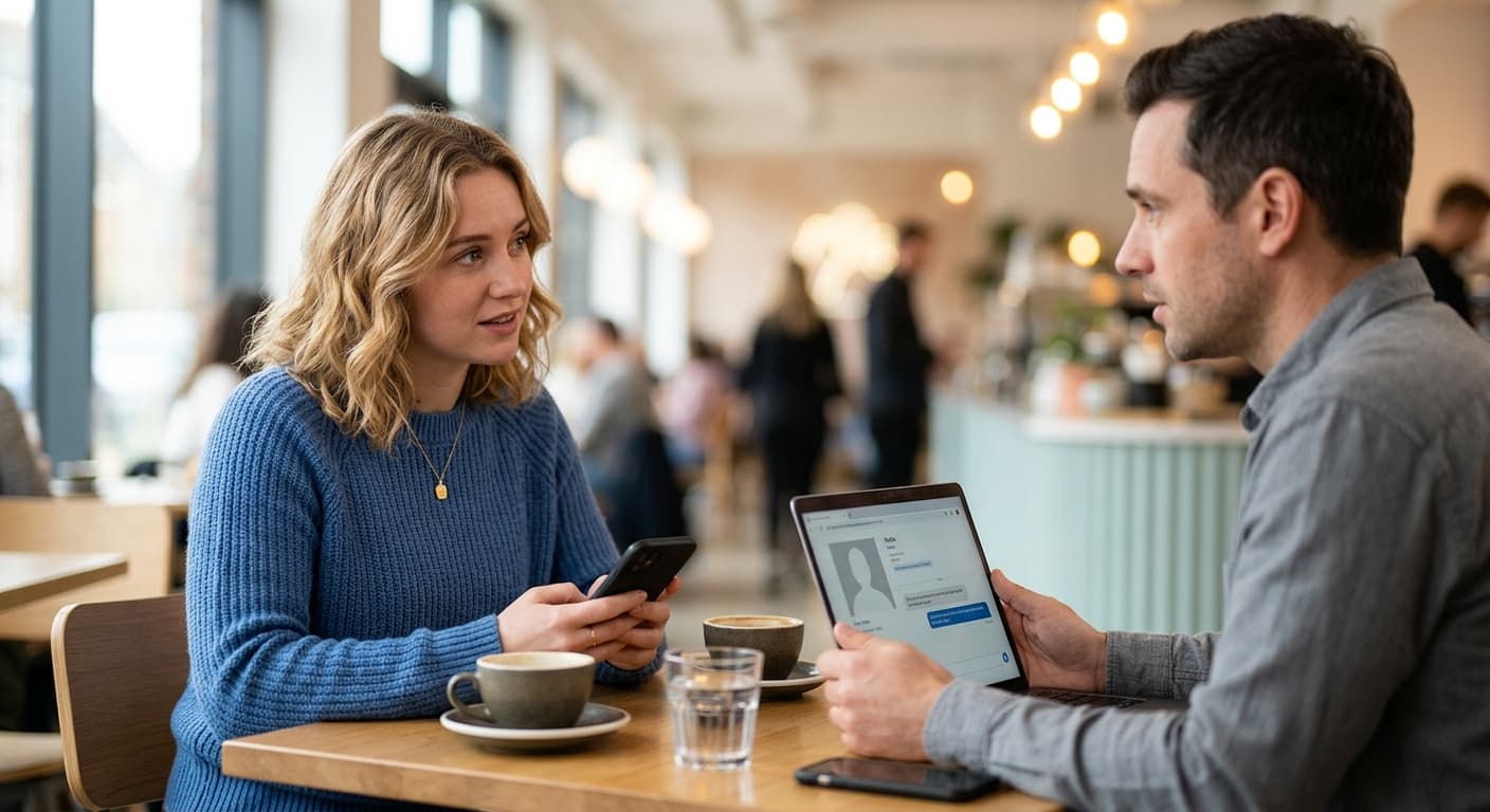Een man en een Oekraïense vrouw praten aan tafel in een café over veilig online daten en het herkennen van datingfraude