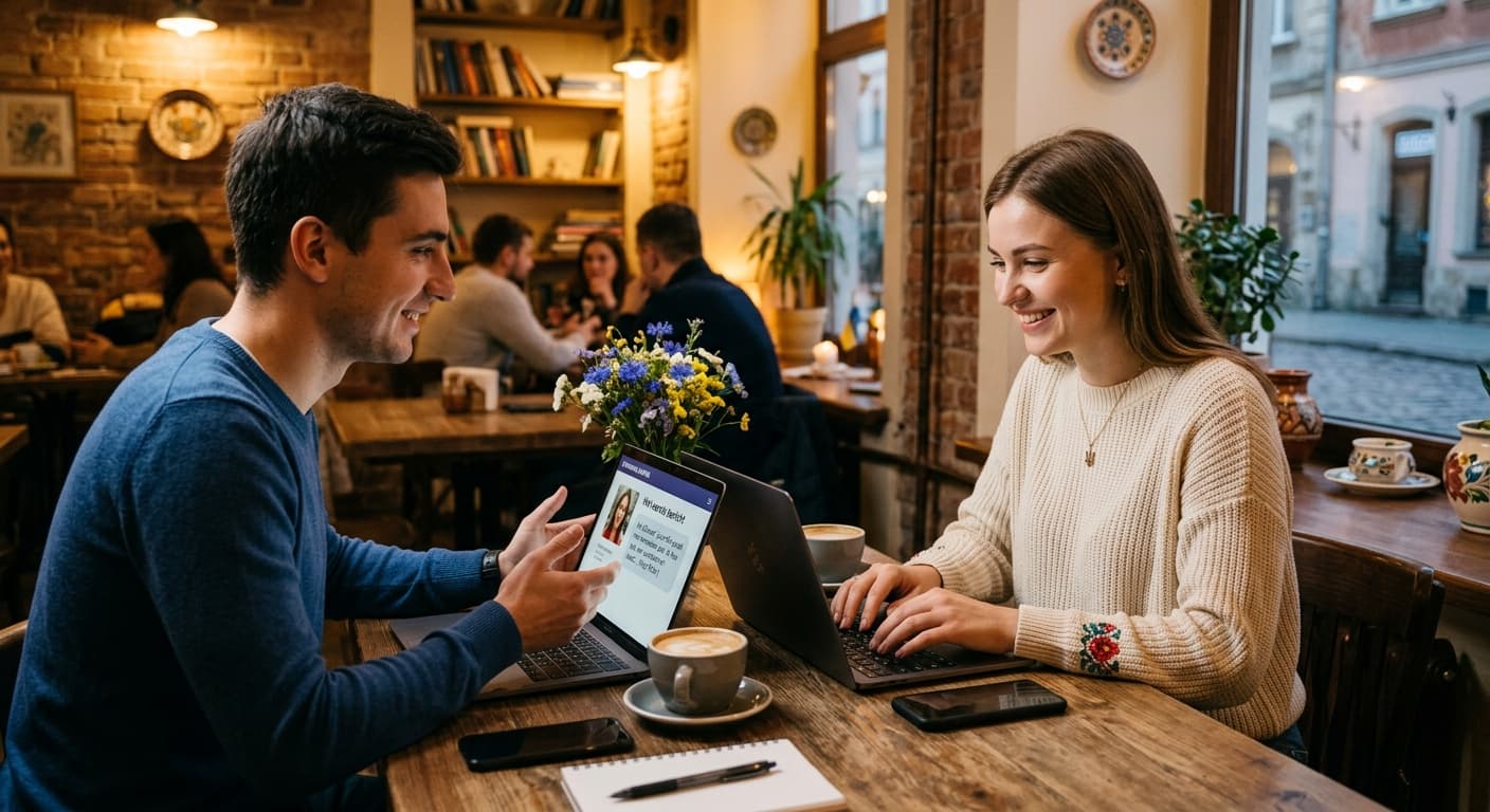 Een jonge vrouw en man glimlachen terwijl ze op een laptop praten op een online dating platform in een gezellig café