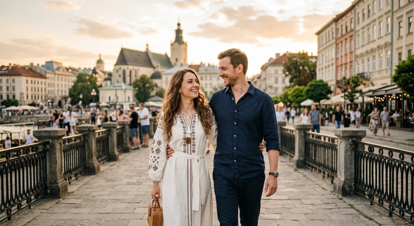 Romantisch portret van een stel, een Oekraïense vrouw en een West-Europese man, die tijdens zonsondergang langs de kust wandelen.