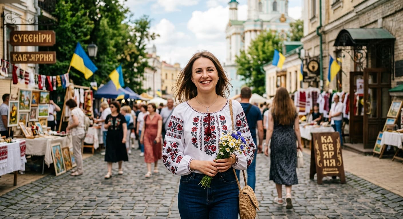 Glimlachende Oekraïense vrouw in traditionele borduurboes (vysjyvanka) op een sfeervolle historische straatmarkt in Kyiv