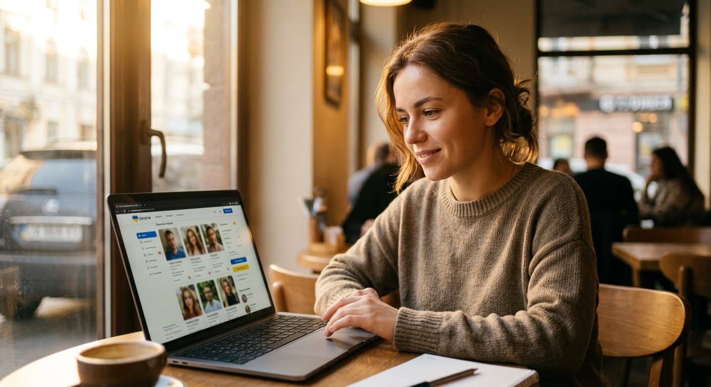 Vrouw bekijkt een Oekraïense datingsite op haar laptop in een gezellig café