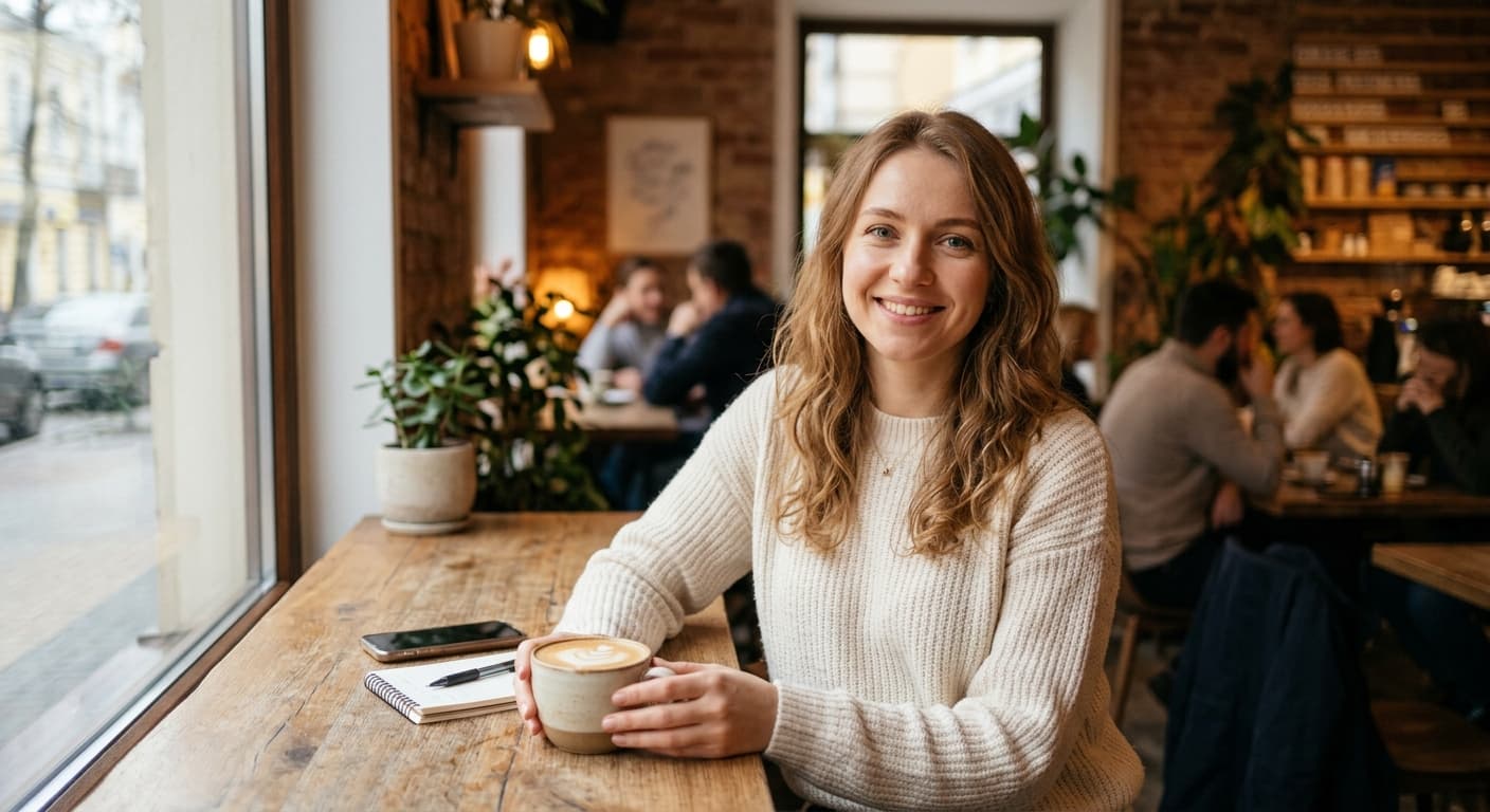 Glimlachende Oekraïense vrouw met een kop koffie in een café, op zoek naar een serieuze relatie