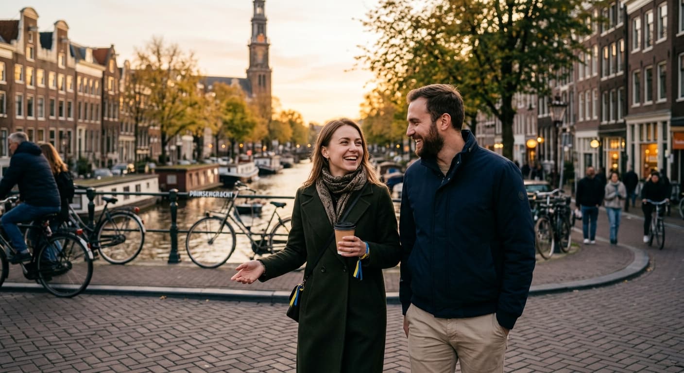 Een man en een Oekraïense vrouw wandelen lachend langs de grachten van Amsterdam met koffie