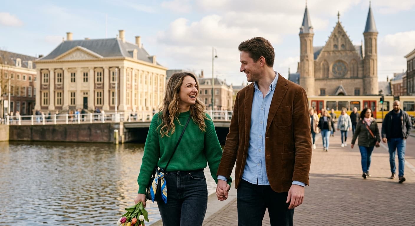 Een glimlachend stel wandelt hand in hand langs de Hofvijver in Den Haag met het Binnenhof op de achtergrond