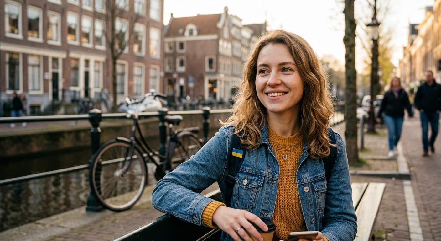 Jonge Oekraïense vrouw glimlachend op een bankje langs een gracht in Nederland