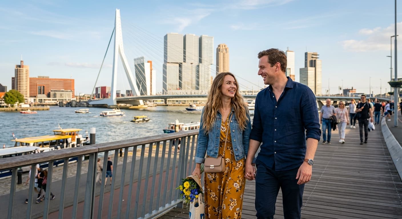 Oekraïense vrouw en man die hand in hand wandelen langs de Maas in Rotterdam met de Erasmusbrug op de achtergrond