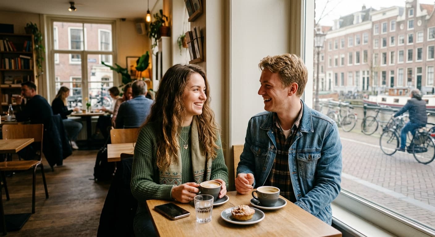 Een vrolijke Oekraïense vrouw en een Nederlandse man op een date in een café aan de gracht.
