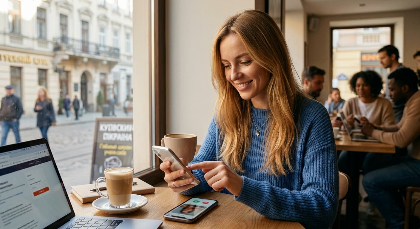 Mooie Oekraïense vrouw gebruikt een dating app op haar smartphone in een café.