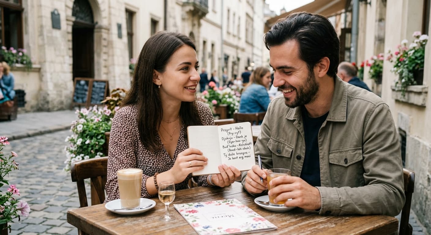 Een man en een Oekraïense vrouw op een romantische eerste date in een café, samen Oekraïense woorden en de uitspraak lerend uit een notitieboekje