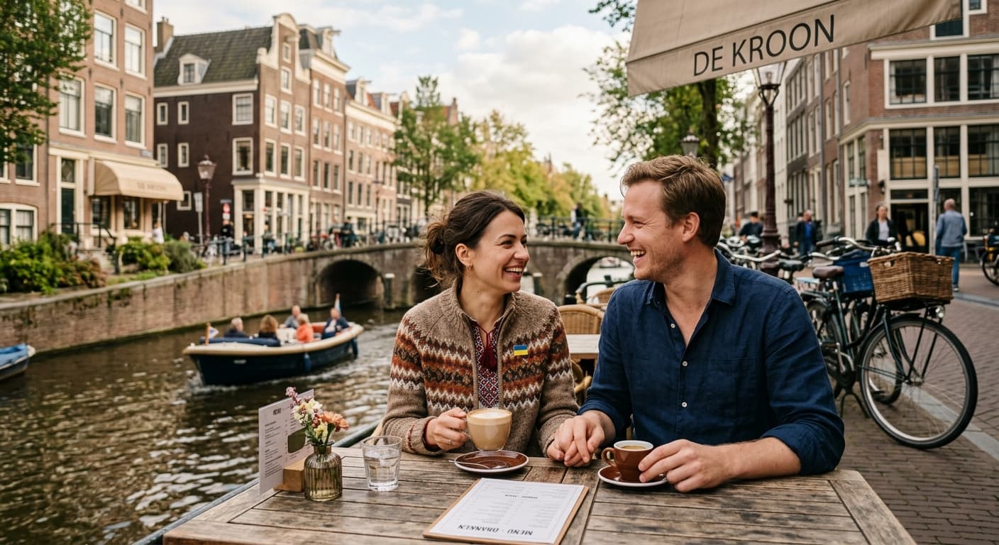 Oekraïense vrouw en Nederlandse man op een gezellige date op een terras aan de gracht in Nederland