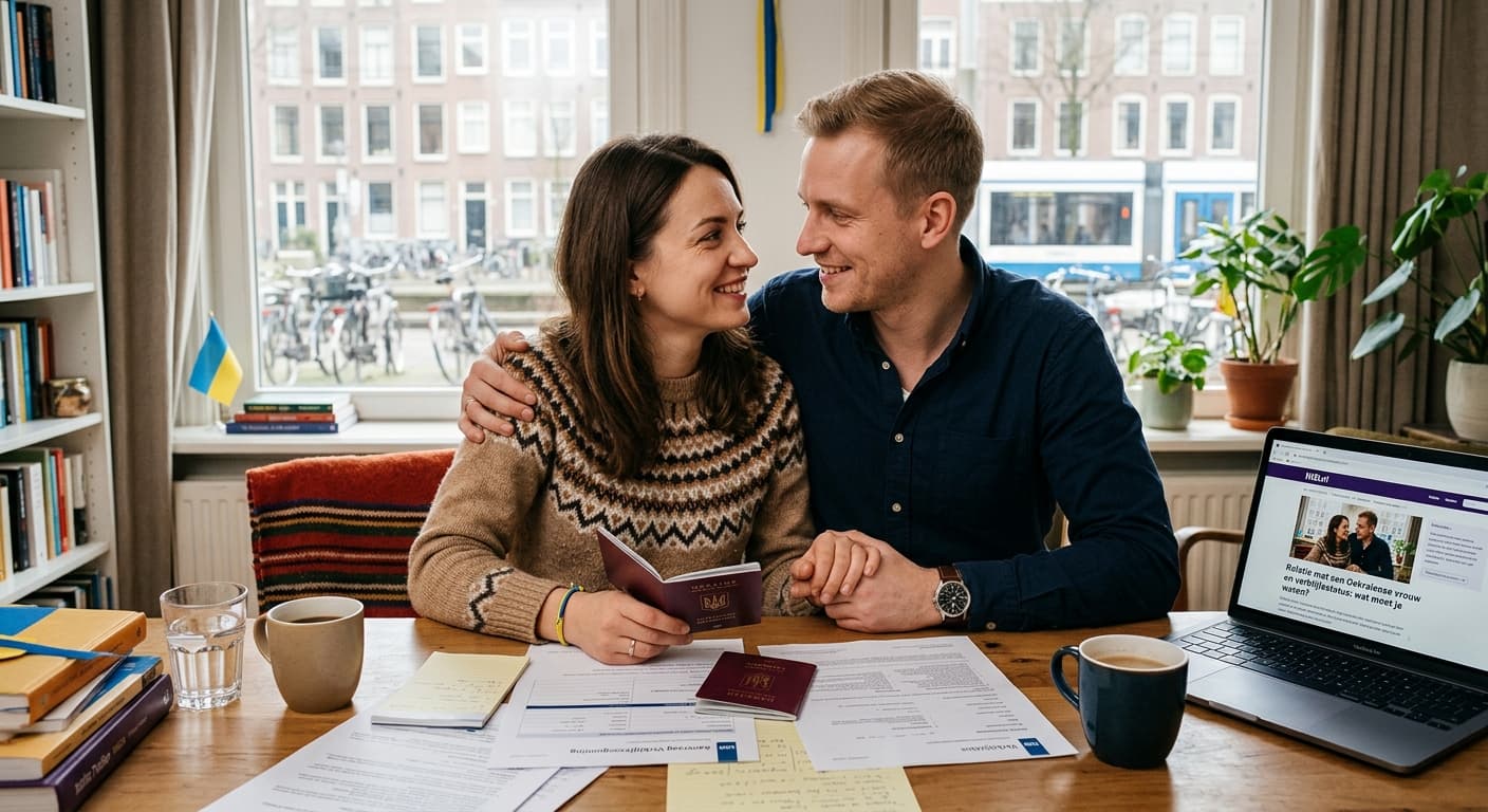 Gelukkig stel, een Oekraïense vrouw en een Nederlandse man, samen aan tafel met documenten en een laptop over verblijfsstatus en relatie.