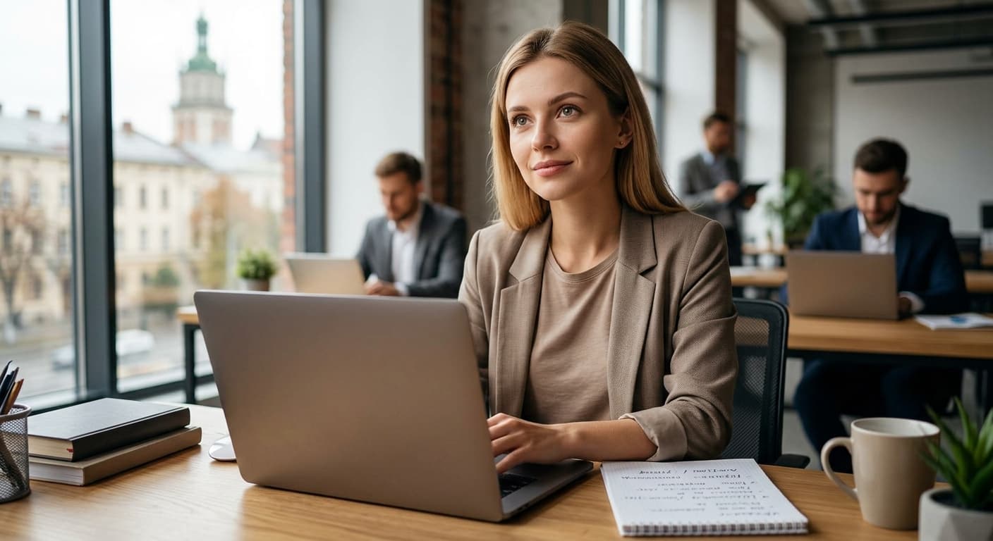 Oekraïense vrouw aan het werk op een laptop in een modern kantoor