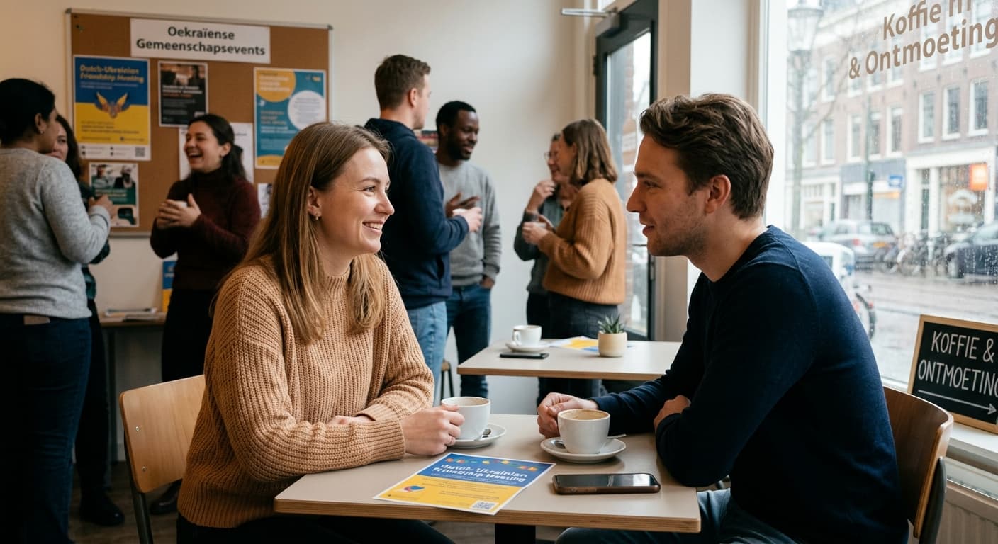 Oekraïense vrouw en Nederlandse man in gesprek bij een gezellig café in Nederland tijdens een ontmoetingsevenement