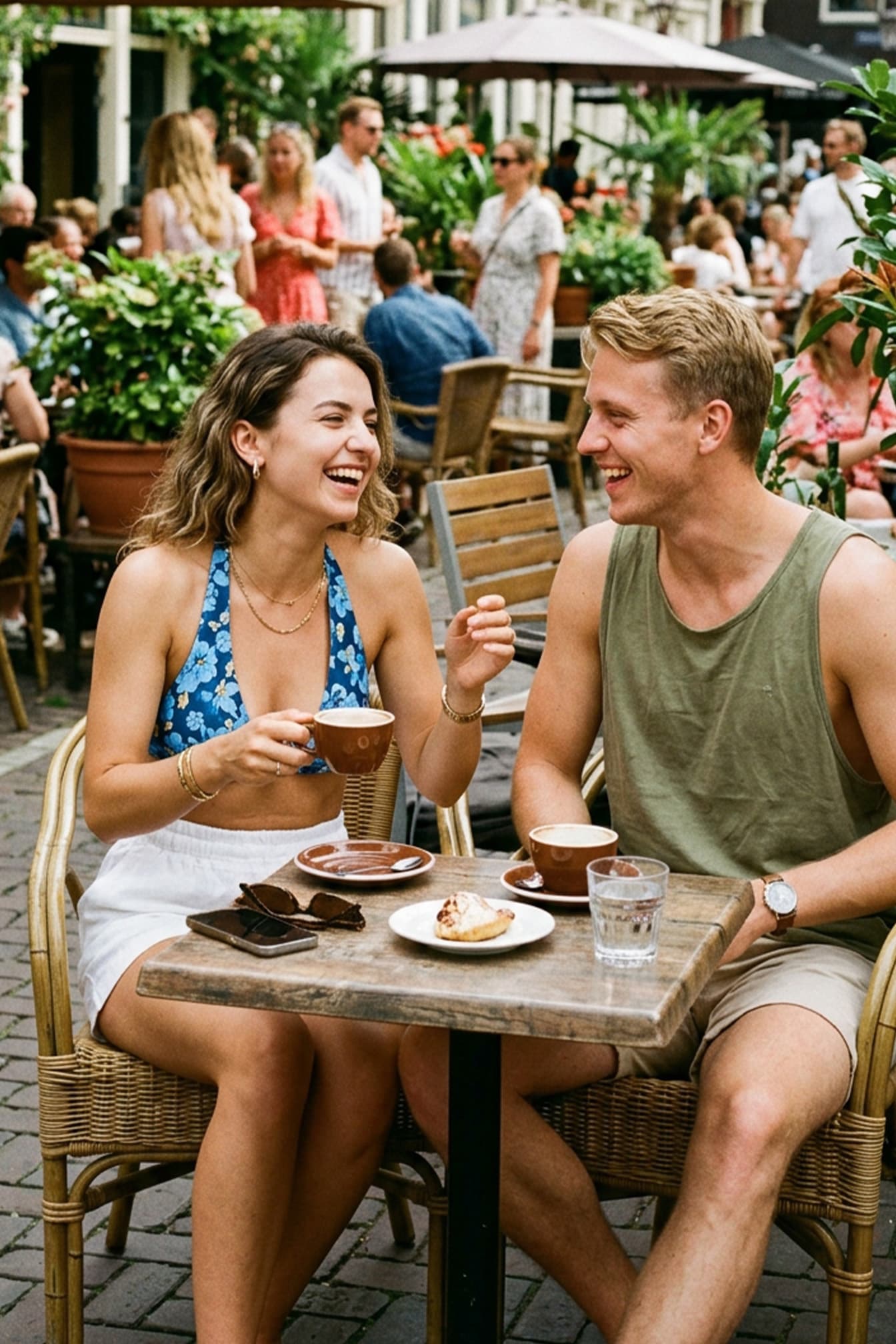 Nederlandse man en Oekraïense vrouw lachen samen tijdens een gesprek aan een tafeltje in een café