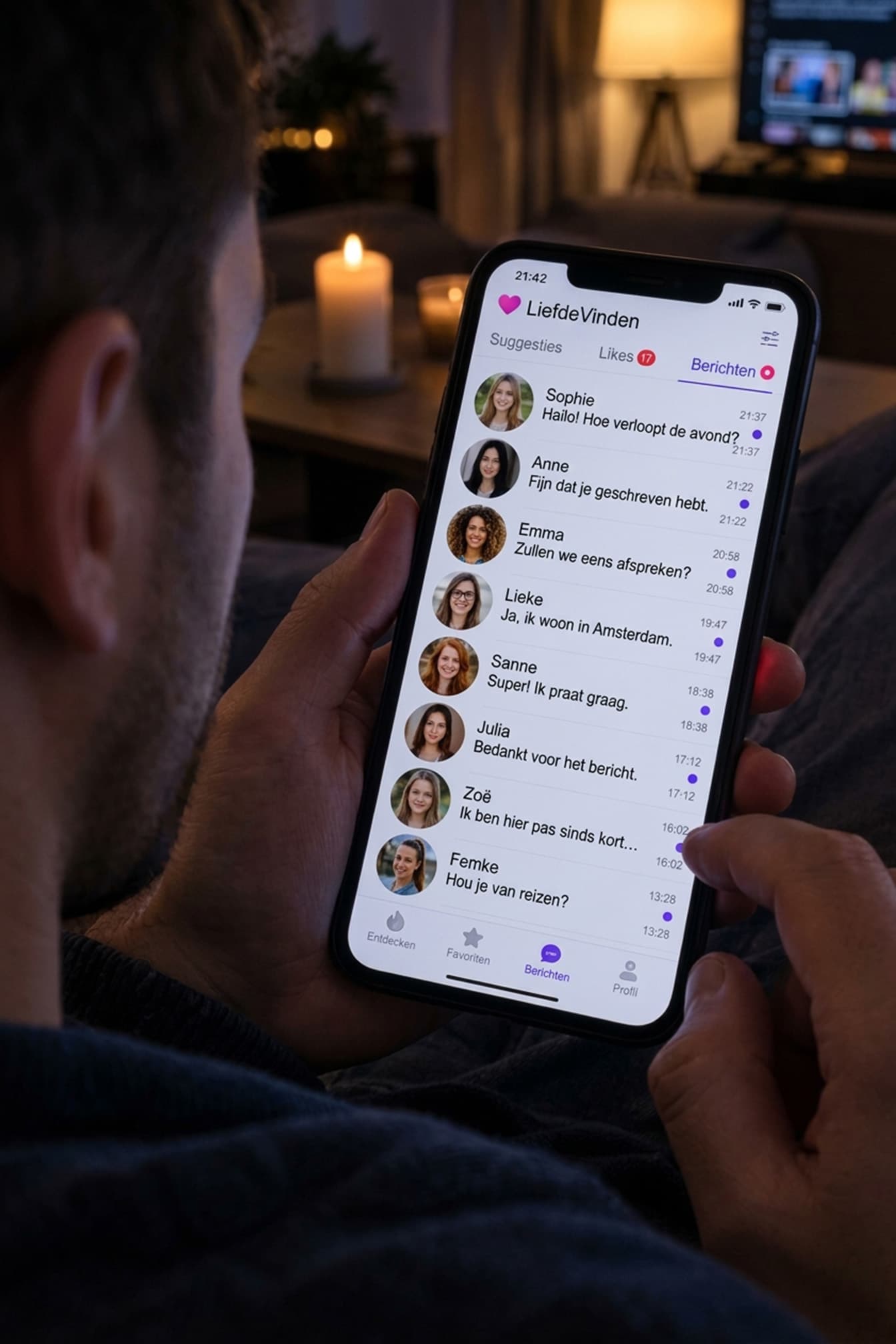 Man bekijkt op zijn smartphone profielen van Oekraïense vrouwen op een datingsite, met een lijst van gesprekken in beeld