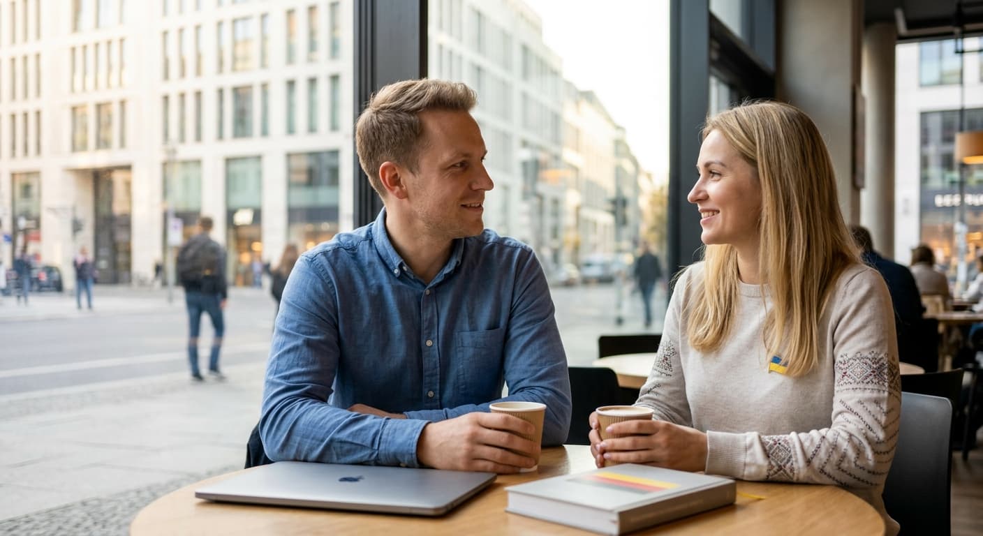 Deutscher Mann und ukrainische Frau beim ersten Date in einem Café
