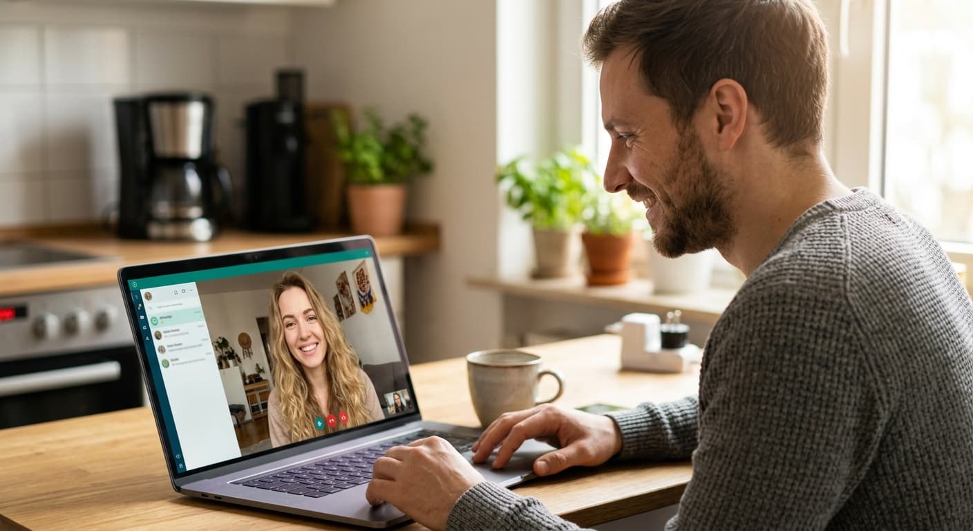 Ein lächelnder Mann sitzt in seiner Küche am Laptop und führt einen Videoanruf mit einer ukrainischen Frau, die ebenfalls lächelt.
