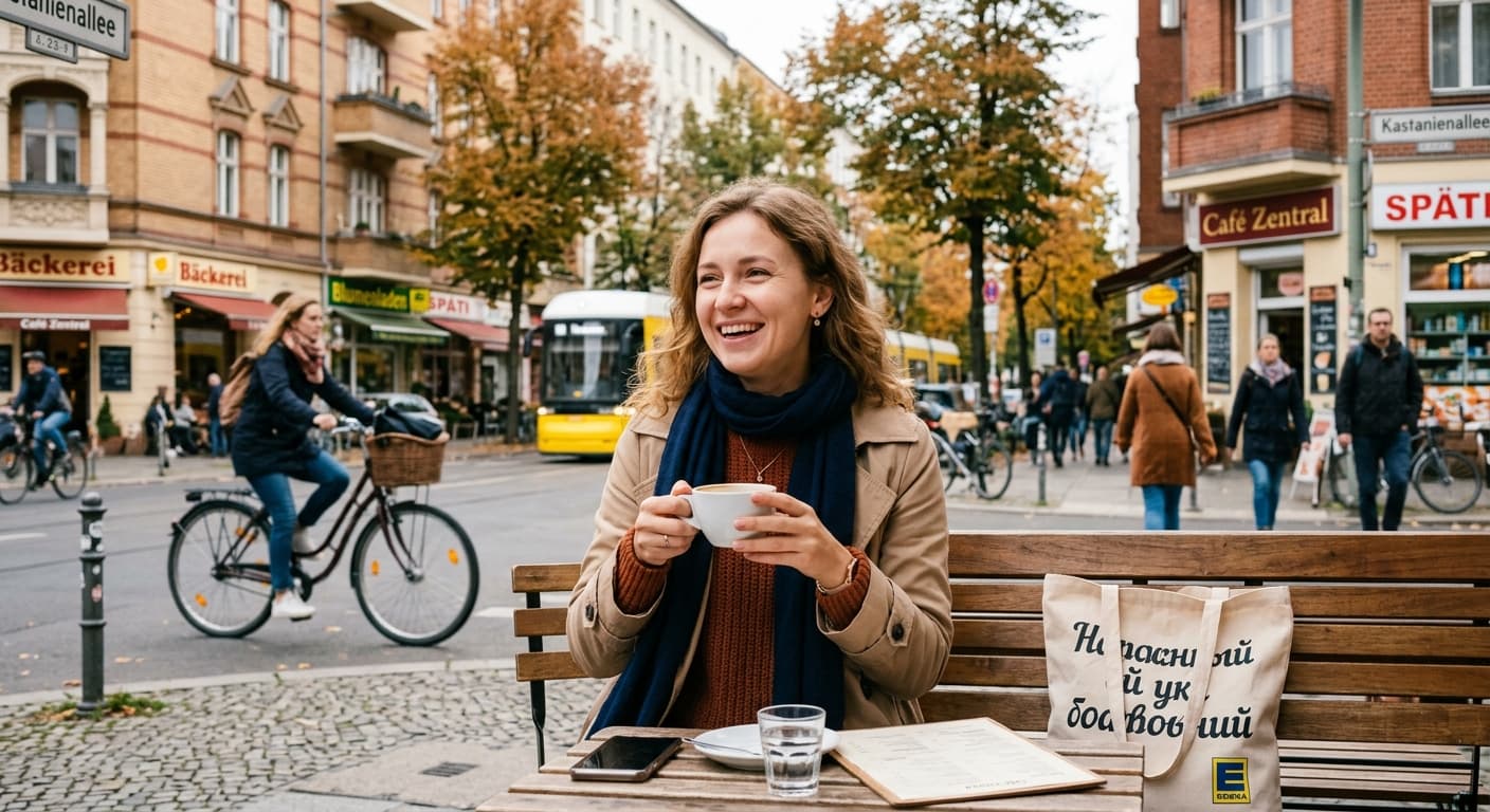 Eine lächelnde junge Frau aus der Ukraine genießt einen Kaffee in einem Straßencafé in Berlin, Deutschland