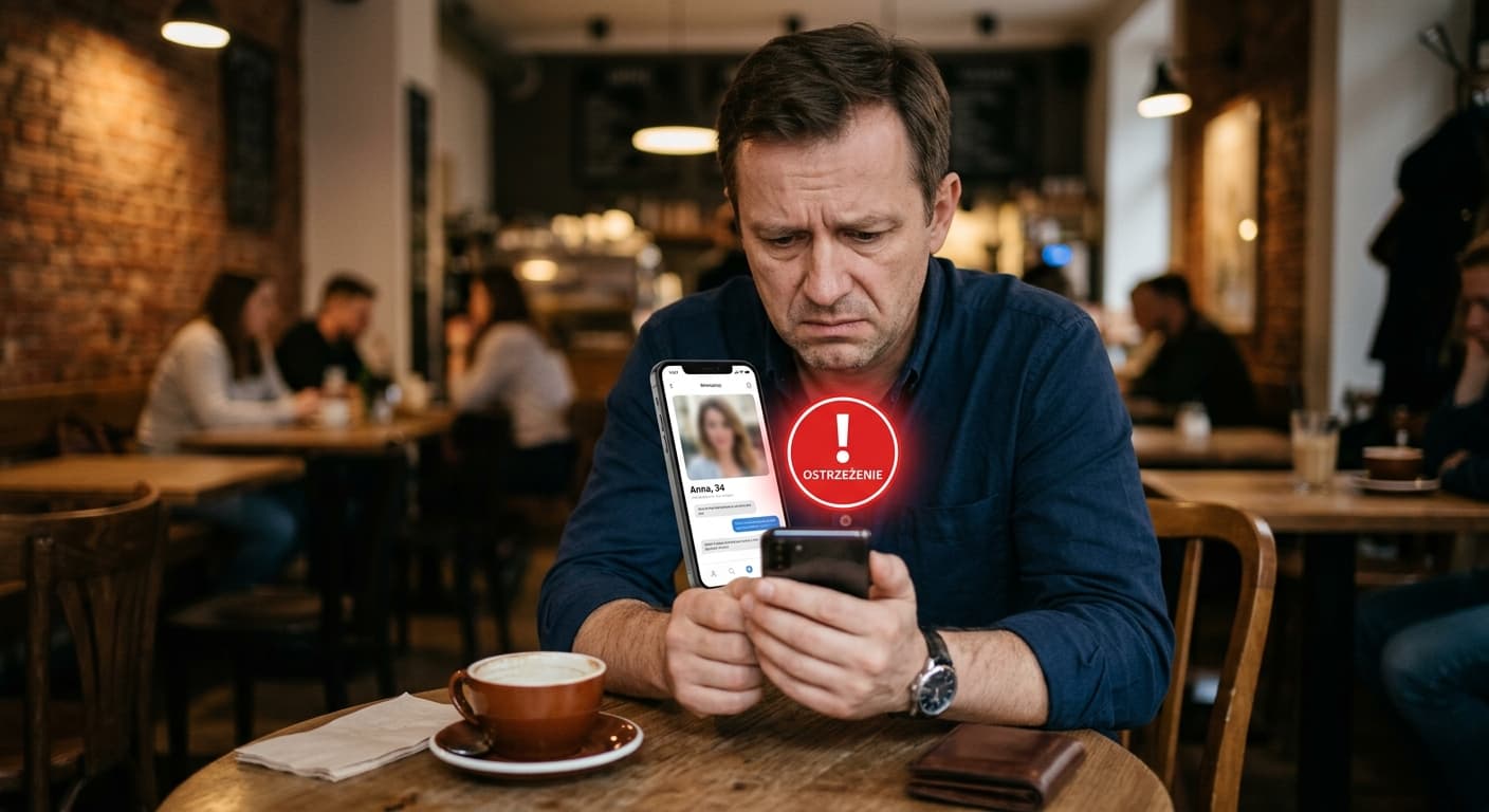 Zaniepokojony mężczyzna siedzący w kawiarni z telefonem w handlu, analizujący profil randkowy z widoczną ikoną ostrzeżenia