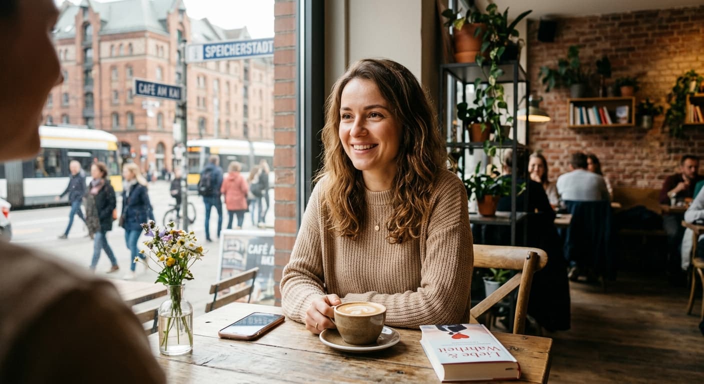 Eine lächelnde ukrainische Frau sitzt in einem Café in Hamburg und liest ein deutsches Buch über Liebe