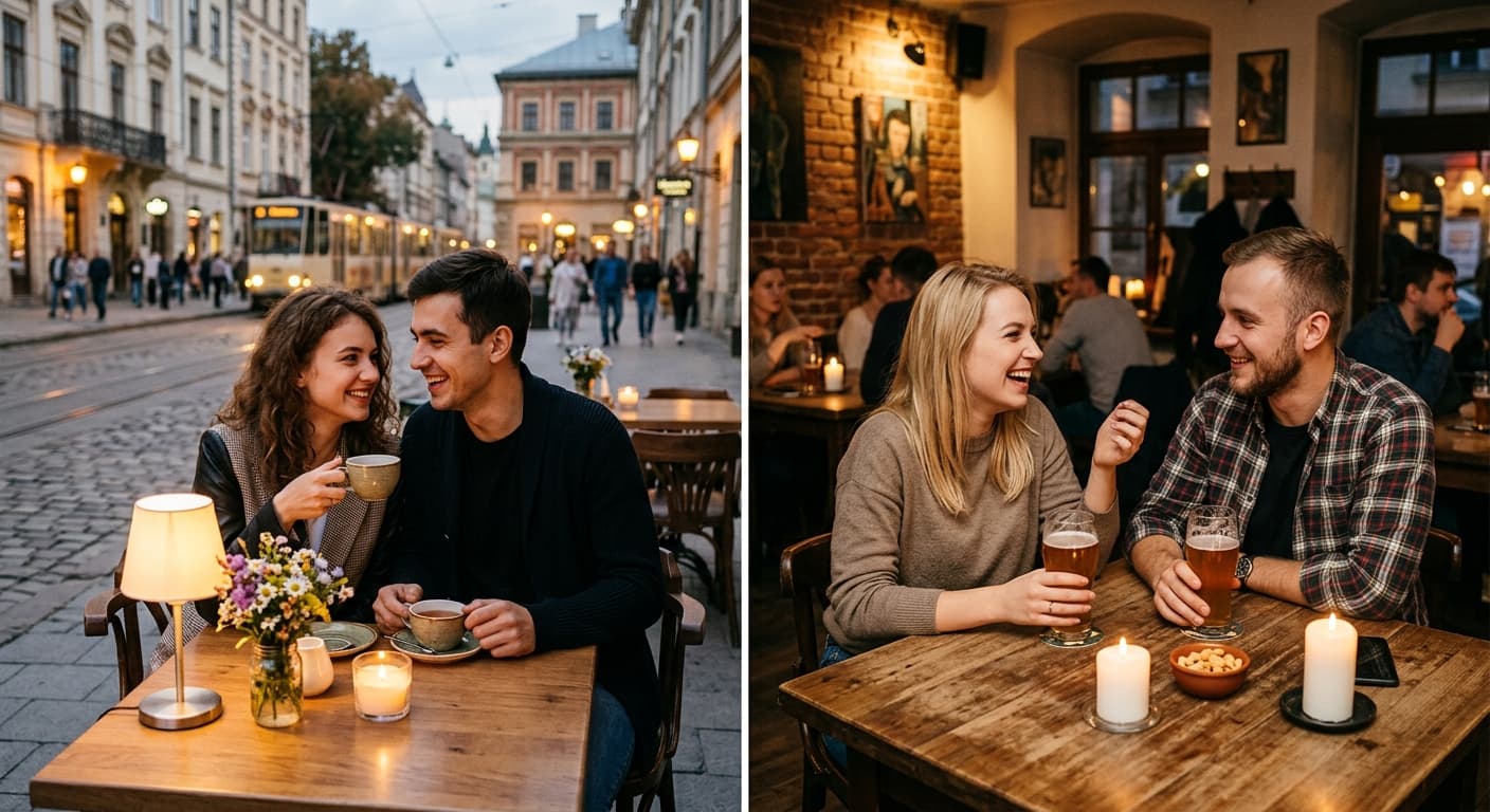 Porównanie stylów randkowania: po lewej romantyczna randka przy kawie w urokliwym ogródku kawiarnianym, po prawej swobodne spotkanie pary w pubie