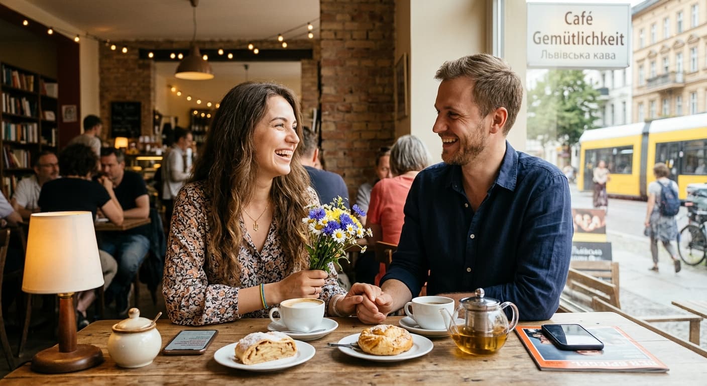 Deutscher Mann und ukrainische Frau bei einem romantischen Date im Café