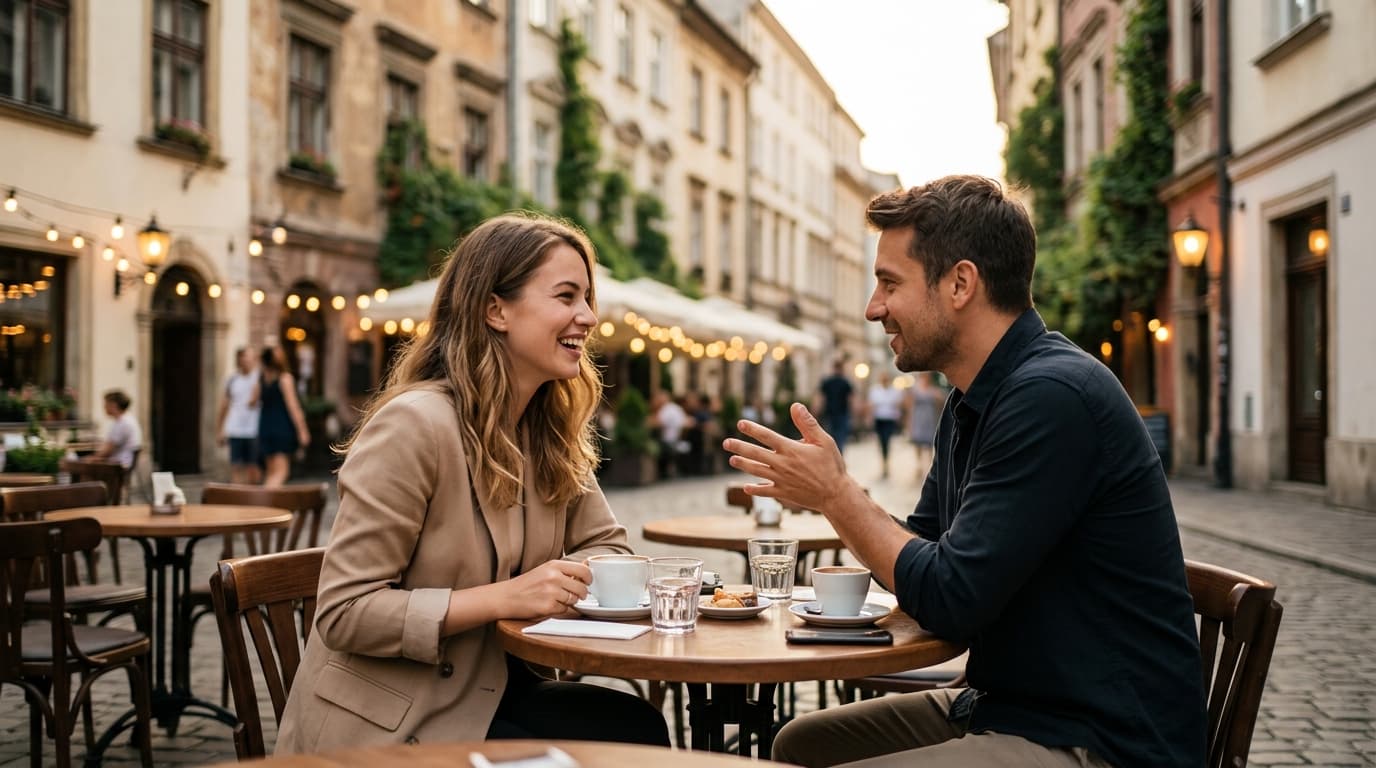Uśmiechnięta kobieta i gestykulujący mężczyzna rozmawiają swobodnie przy stoliku.