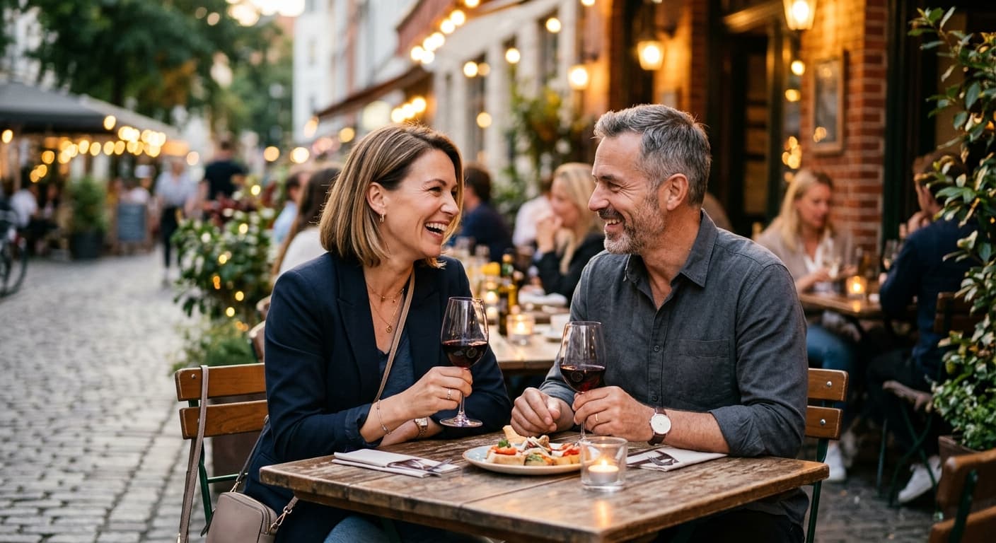 Dojrzała para po 40. roku życia, kobieta i mężczyzna, siedzi przy stoliku w restauracyjnym ogródku na tętniącej życiem ulicy, śmiejąc się i wznosząc toast czerwonym winem podczas wieczornej randki