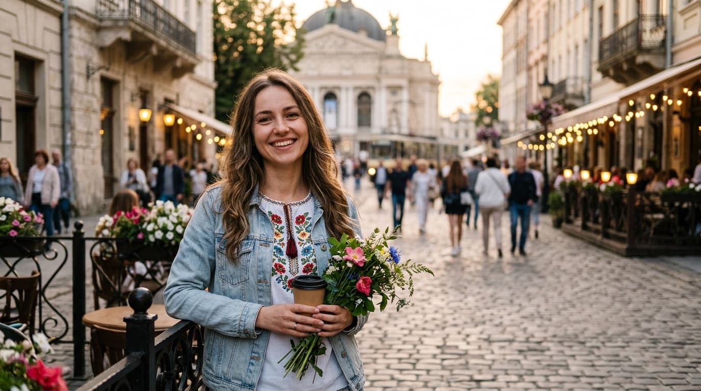 Uśmiechnięta młoda kobieta w tradycyjnej ukraińskiej wyszywance, trzymająca bukiet kwiatów i kawę na wynos, stoi na urokliwej, brukowanej ulicy starego miasta pełnej kawiarnianych ogródków o zachodzie słońca.