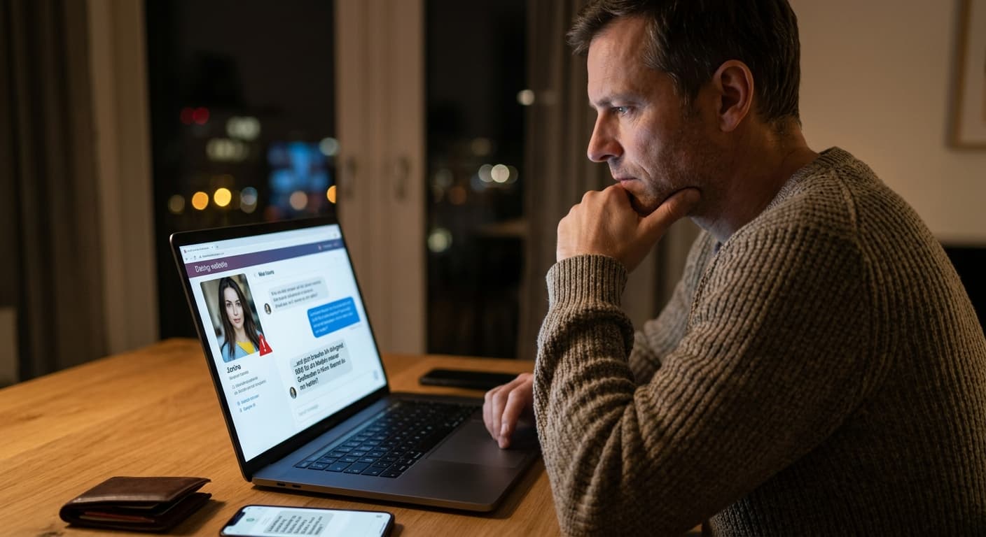 Ein nachdenklicher Mann sitzt vor einem Laptop und betrachtet ein Dating-Profil, das mit einem roten Warnsymbol markiert ist, was auf einen möglichen Romance Scam hindeutet.