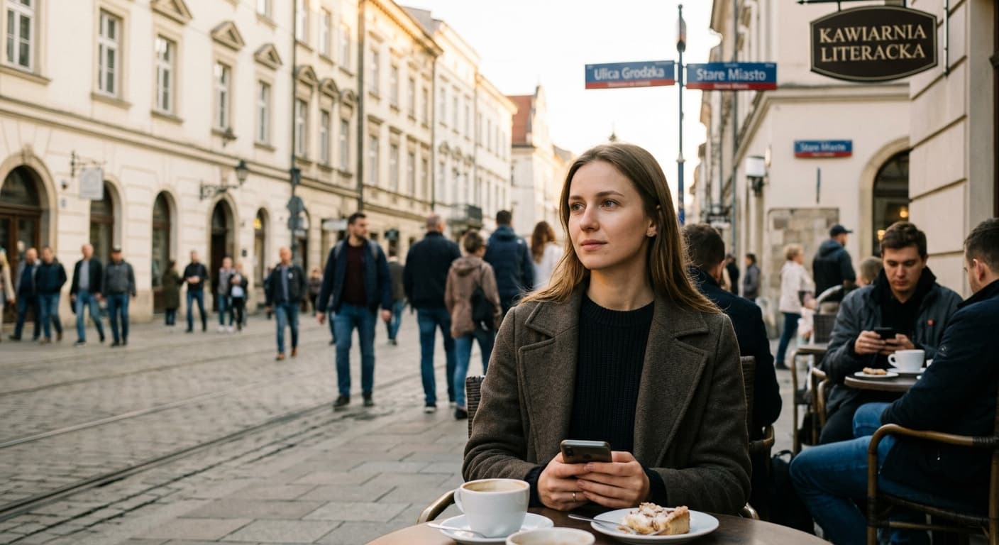Zamyślona Ukrainka siedząca przy stoliku w ogródku kawiarnianym na zabytkowym polskim rynku.