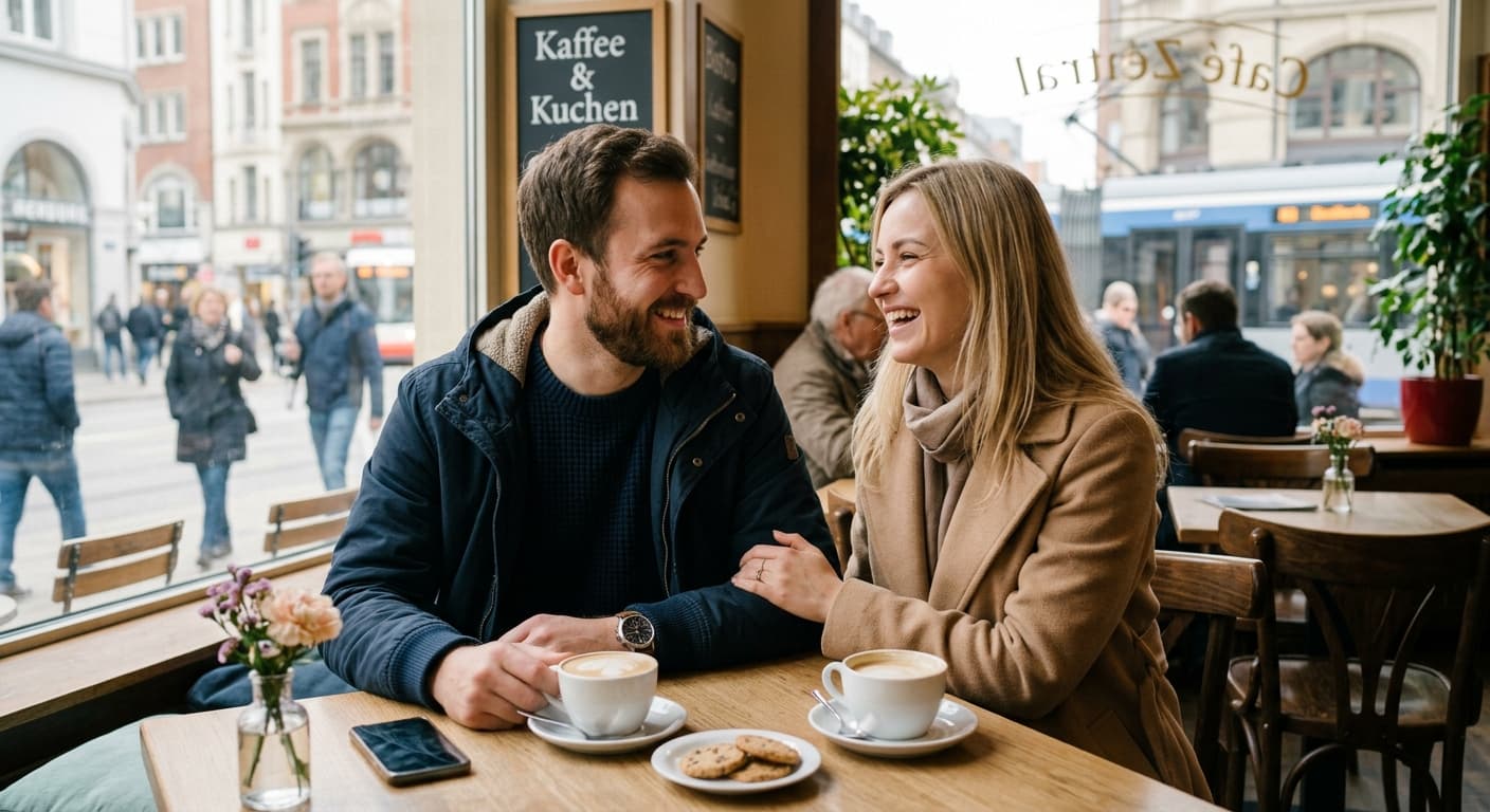 Ein glückliches Paar beim ersten Date in einem deutschen Café