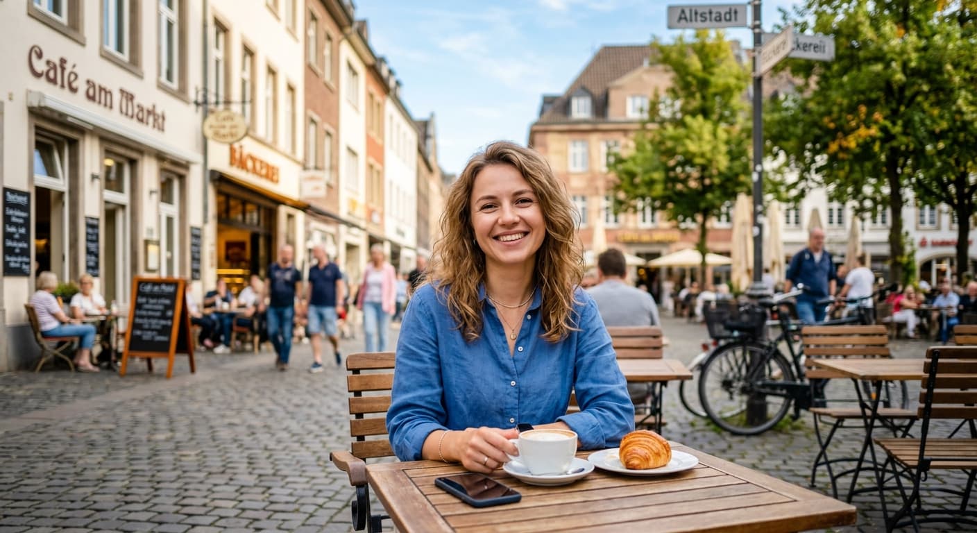 Eine lächelnde junge Frau aus der Ukraine sitzt in einem Straßencafé in Deutschland und genießt einen Kaffee.