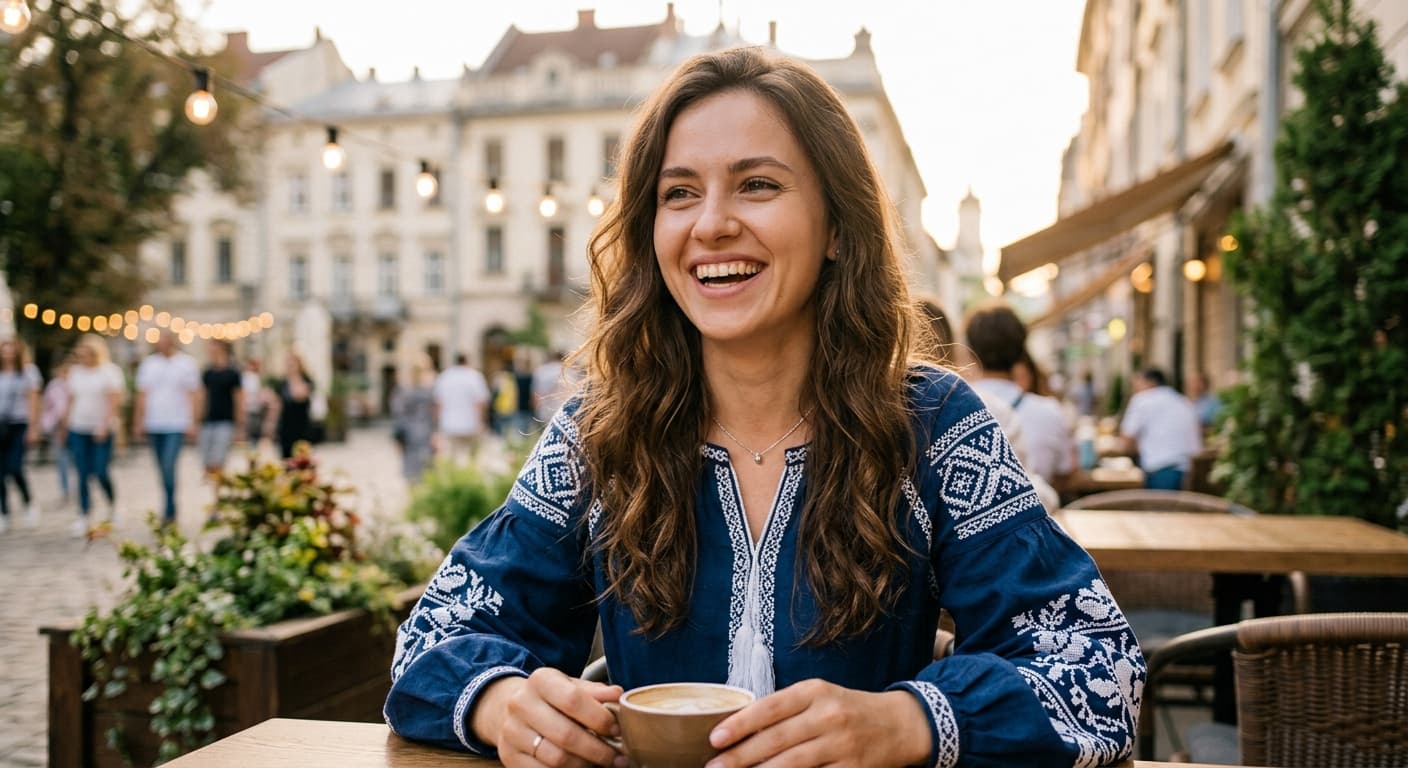 Eine lächelnde ukrainische Frau in traditioneller bestickter Kleidung sitzt in einem Straßencafé