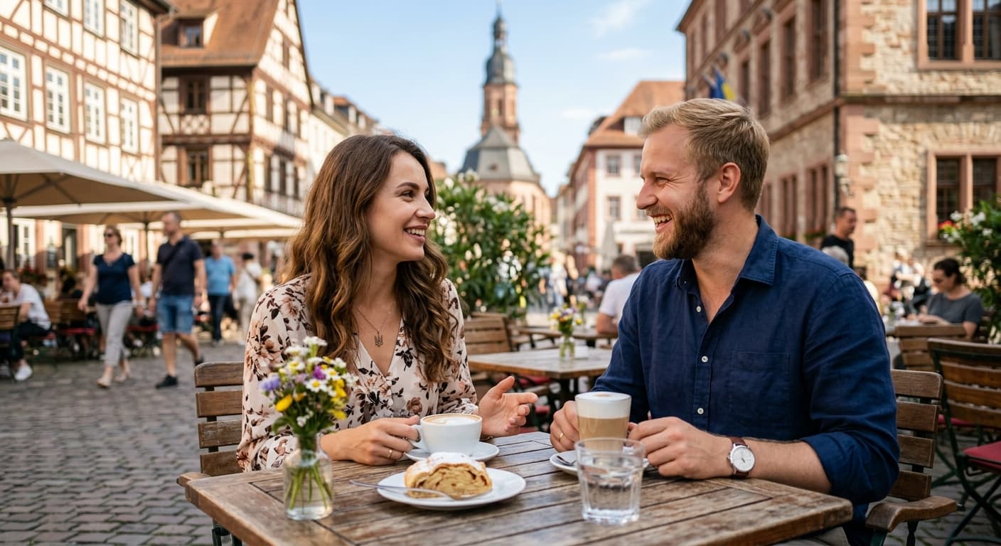 Ein glückliches Paar bei einem ersten Date in einem deutschen Café