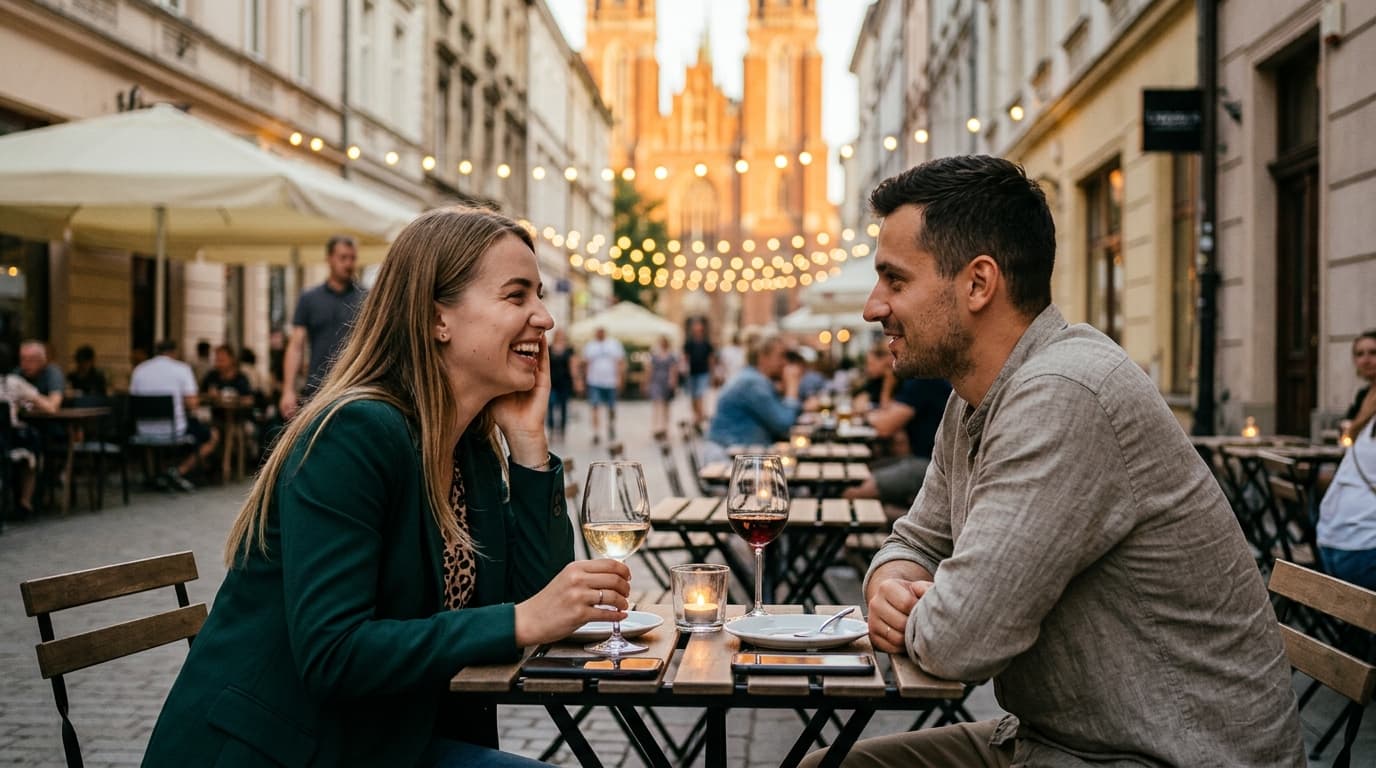 Para na randce przy winie w ogródku kawiarnianym na ulicy Mariackiej w Katowicach o zmierzchu