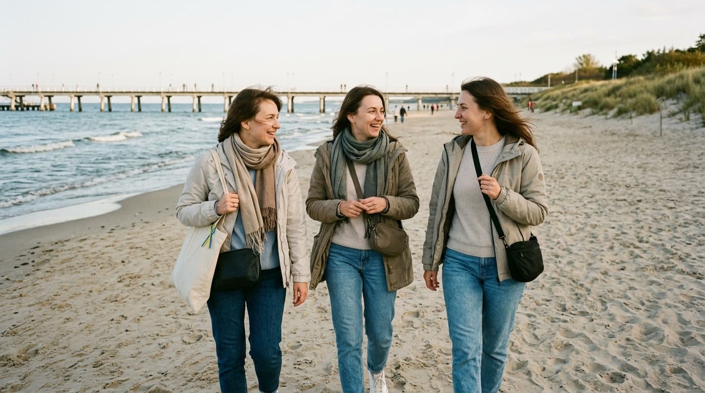 Trzy Ukrainki spacerujące brzegiem morza po gdańskiej plaży z molo w tle