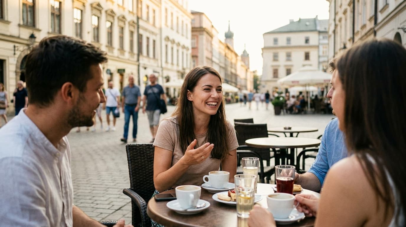 Uśmiechnięta młoda Ukrainka rozmawiająca i śmiejąca się w towarzystwie znajomych przy stoliku w ogródku kawiarnianym na krakowskim Starym Mieście w Krakowie.