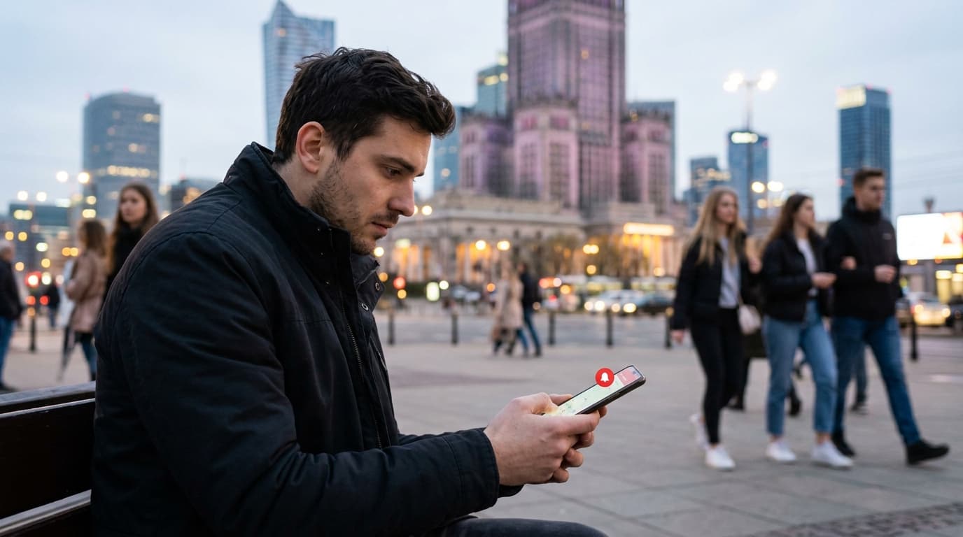 Samotny młody mężczyzna siedzący na ławce w centrum Warszawy (z widocznym w tle Pałacem Kultury i Nauki), który zamyślony patrzy na ekran smartfona z czerwoną ikonką powiadomienia (alertu); w tle widać tętniący życiem plac i przechodniów.