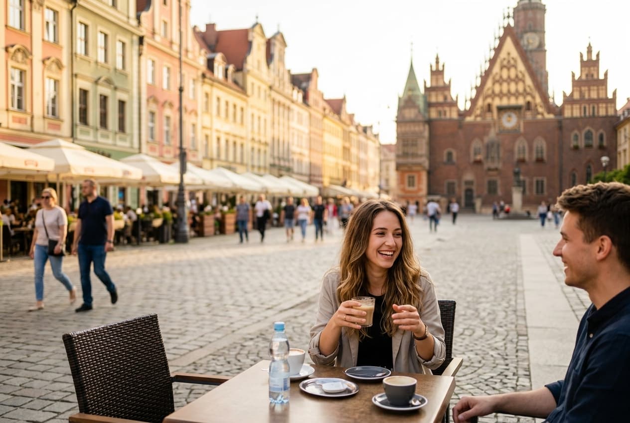 Młoda para na randce w ogródku kawiarnianym na Rynku we Wrocławiu
