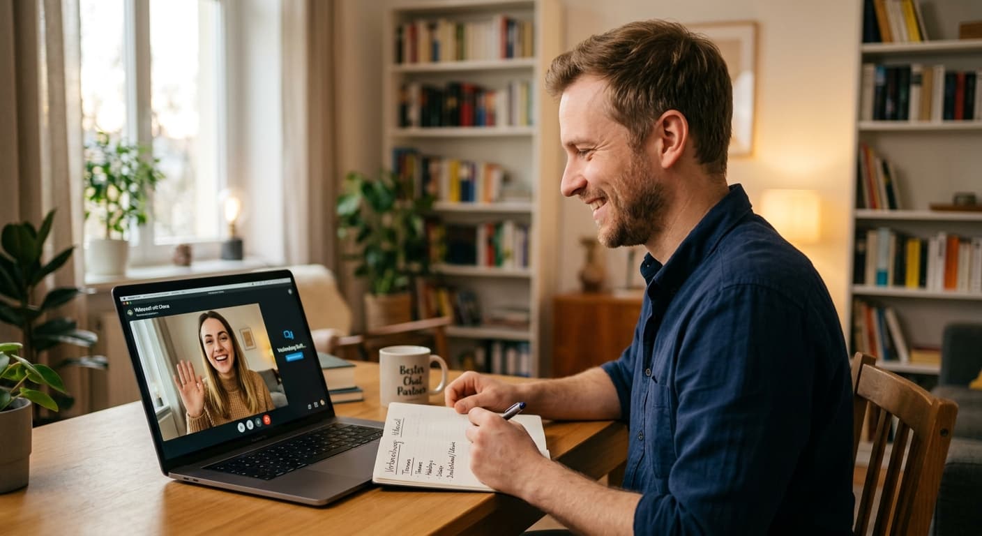 Ein lächelnder Mann sitzt am Schreibtisch vor seinem Laptop und bereitet sich mit einem Notizblock auf einen Videocall vor.