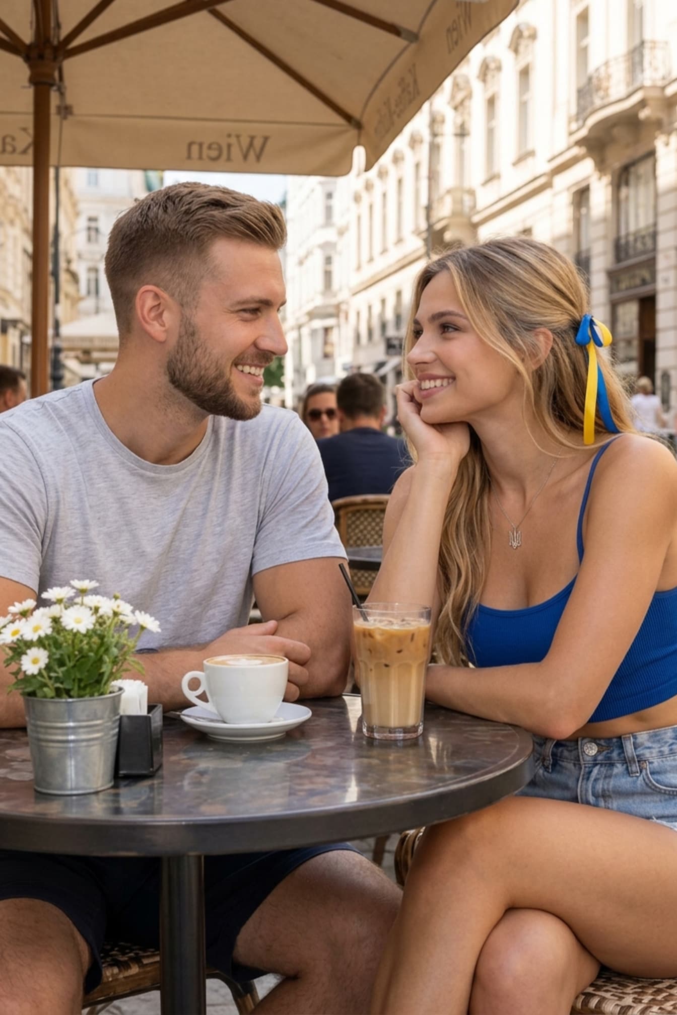 Deutscher Mann und ukrainische Frau lächeln sich bei einem Gespräch im Café an