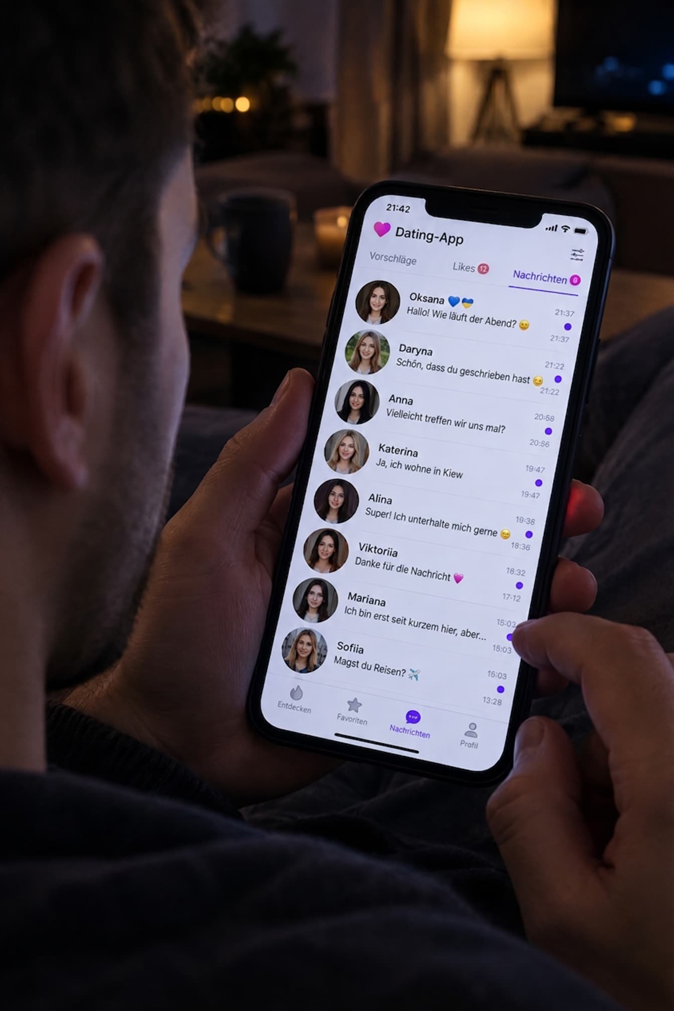 Mann sieht sich auf dem Smartphone Profile von Frauen aus der Ukraine an, Bildschirm mit Chatliste